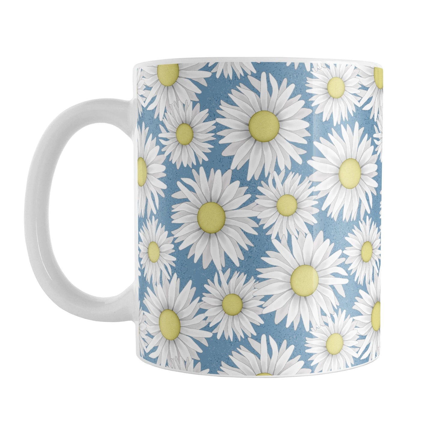 Blue Daisy Pattern Mug (11oz) at Amy's Coffee Mugs. A ceramic coffee mug designed with a pretty pattern of white daisy flowers with yellow centers over a speckled blue background that wraps around the mug to the handle.