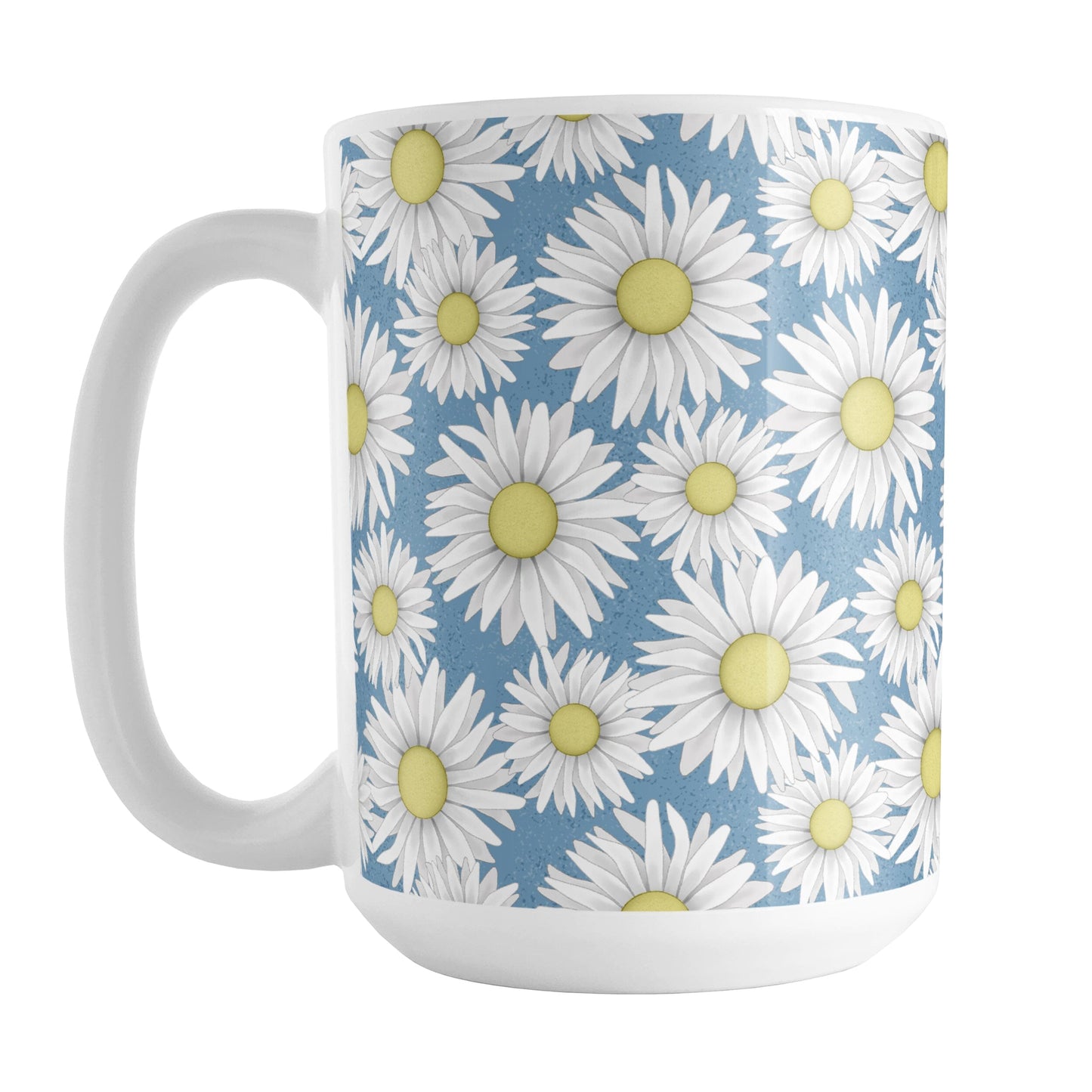 Blue Daisy Pattern Mug (15oz) at Amy's Coffee Mugs. A ceramic coffee mug designed with a pretty pattern of white daisy flowers with yellow centers over a speckled blue background that wraps around the mug to the handle.