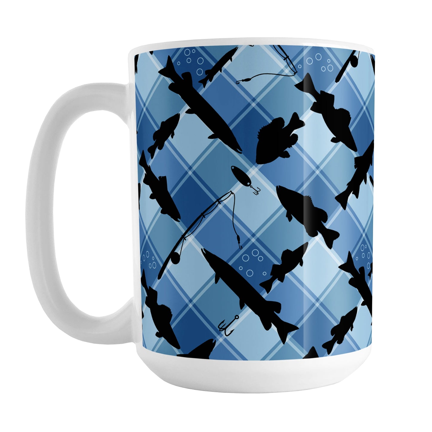 Blue Fishing Plaid Pattern Mug (15oz) at Amy's Coffee Mugs. A ceramic coffee mug designed with black silhouettes of fish, fishing poles, and lures diagonally arranged over a blue plaid pattern that wraps around the mug up to the handle.