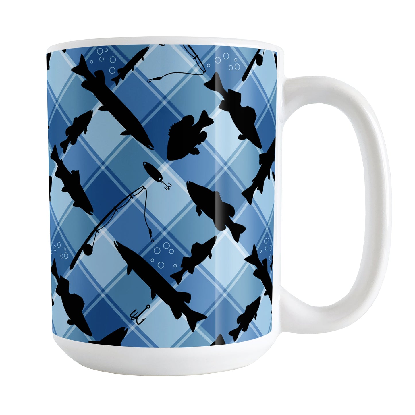 Blue Fishing Plaid Pattern Mug (15oz) at Amy's Coffee Mugs. A ceramic coffee mug designed with black silhouettes of fish, fishing poles, and lures diagonally arranged over a blue plaid pattern that wraps around the mug up to the handle.