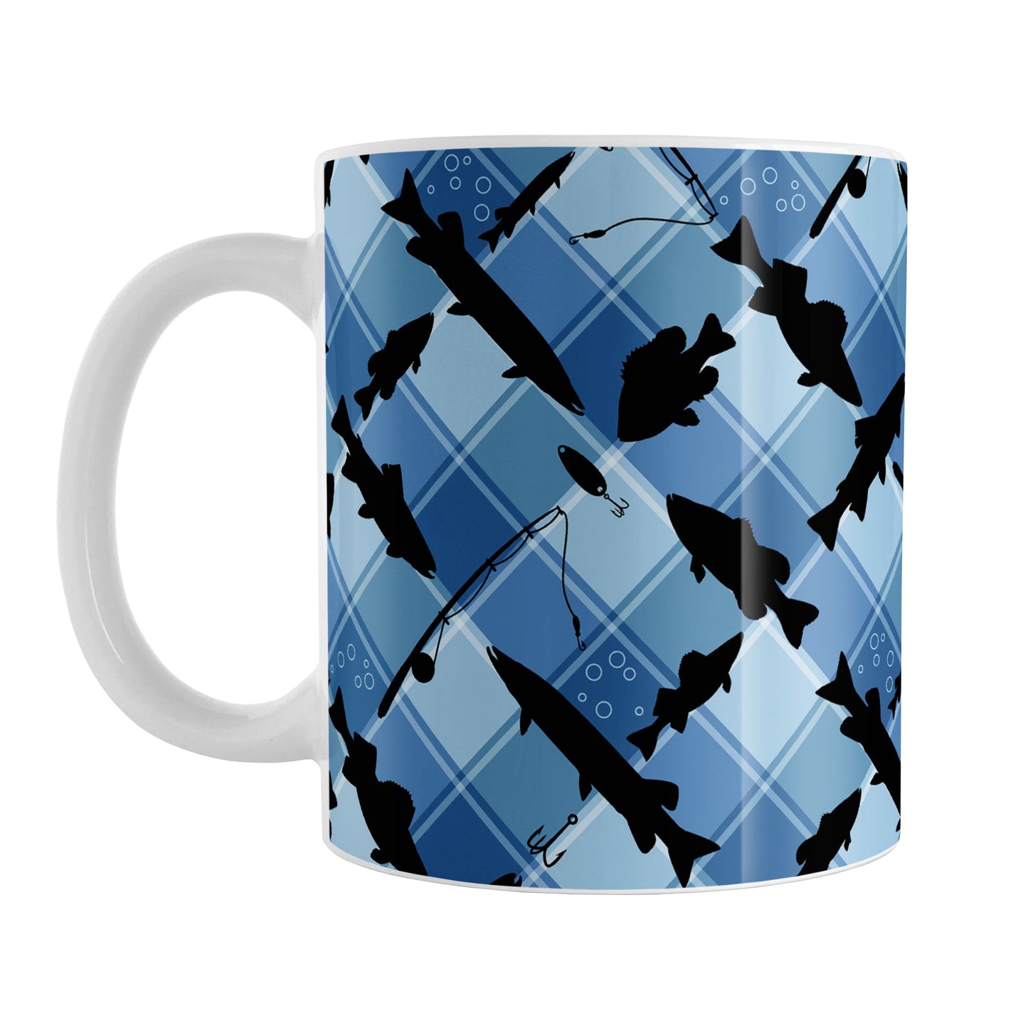 Blue Fishing Plaid Pattern Mug (11oz) at Amy's Coffee Mugs. A ceramic coffee mug designed with black silhouettes of fish, fishing poles, and lures diagonally arranged over a blue plaid pattern that wraps around the mug up to the handle.