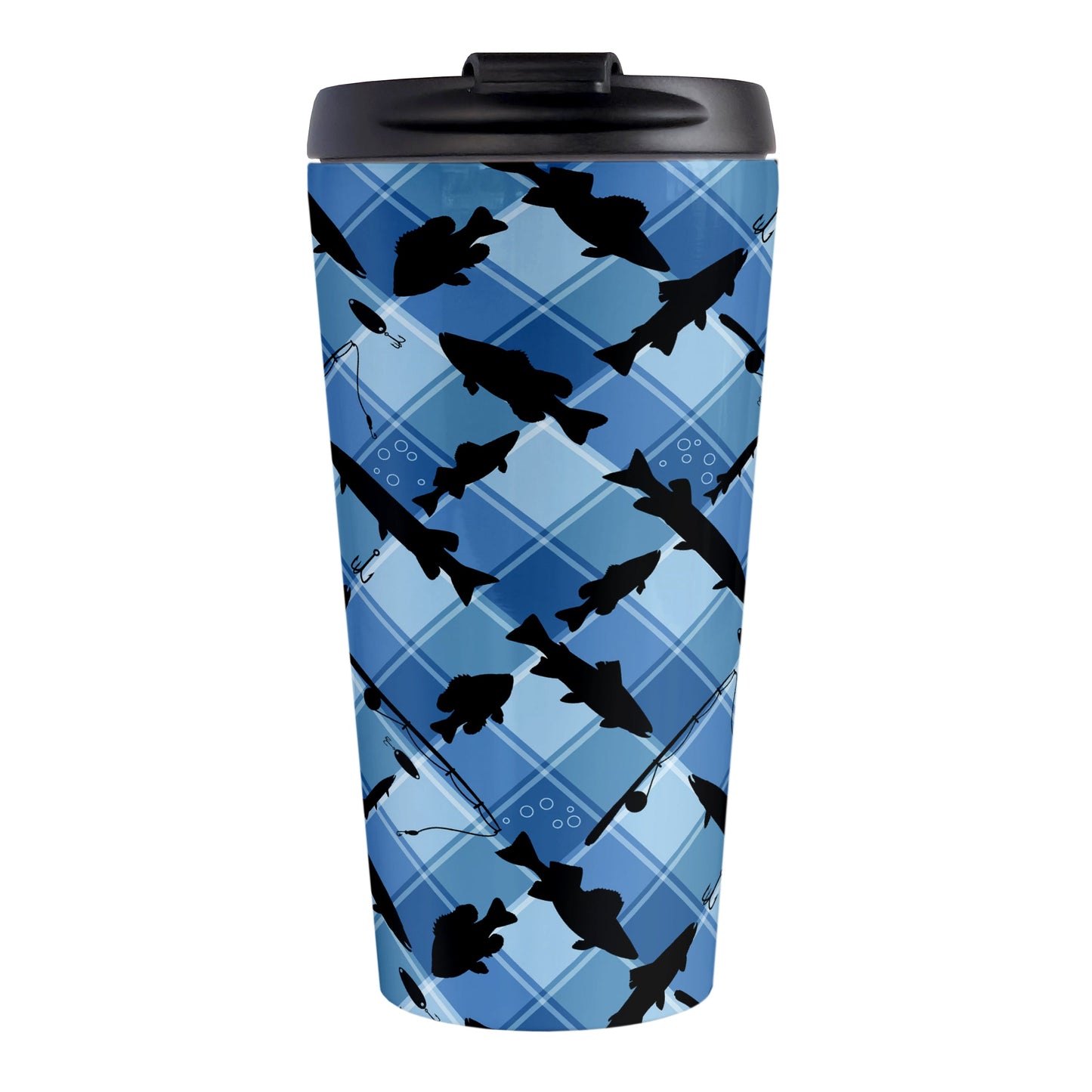 Blue Fishing Plaid Pattern Travel Mug (15oz) at Amy's Coffee Mugs. A travel mug designed with black silhouettes of fish, fishing poles, and lures diagonally arranged over a blue plaid pattern that wraps around the travel mug.