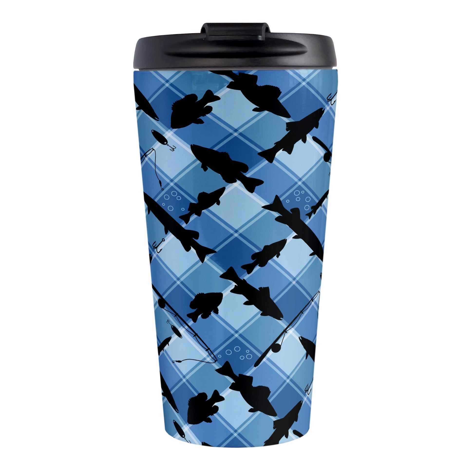 Blue Fishing Plaid Pattern Travel Mug (15oz) at Amy's Coffee Mugs. A travel mug designed with black silhouettes of fish, fishing poles, and lures diagonally arranged over a blue plaid pattern that wraps around the travel mug.