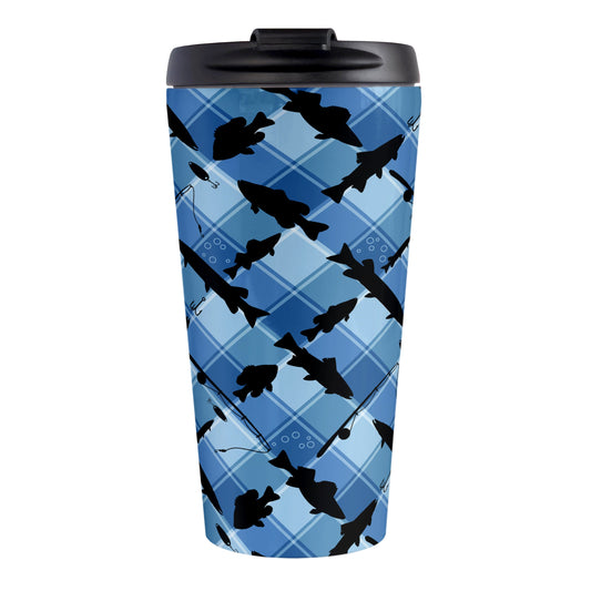 Blue Fishing Plaid Pattern Travel Mug (15oz) at Amy's Coffee Mugs. A travel mug designed with black silhouettes of fish, fishing poles, and lures diagonally arranged over a blue plaid pattern that wraps around the travel mug.