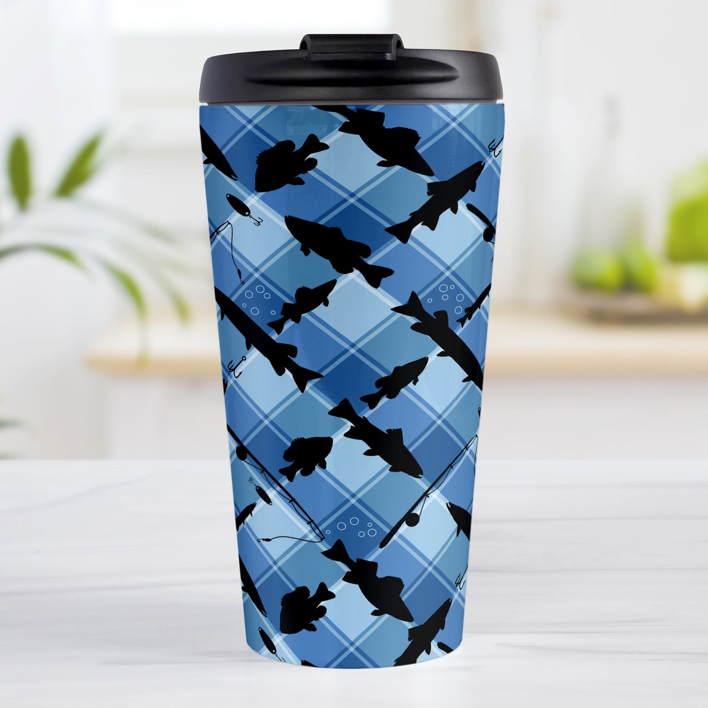 Blue Fishing Plaid Pattern Travel Mug (15oz) at Amy's Coffee Mugs. A travel mug designed with black silhouettes of fish, fishing poles, and lures diagonally arranged over a blue plaid pattern that wraps around the travel mug.
