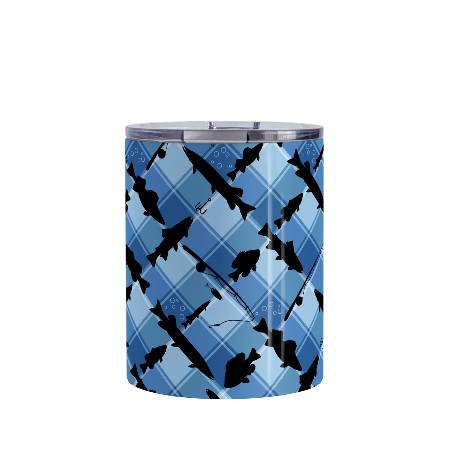 Blue Fishing Plaid Pattern Tumbler Cup (10oz, stainless steel insulated) at Amy's Coffee Mugs. A tumbler cup designed with black silhouettes of fish, fishing poles, and lures diagonally arranged over a blue plaid pattern that wraps around the cup.