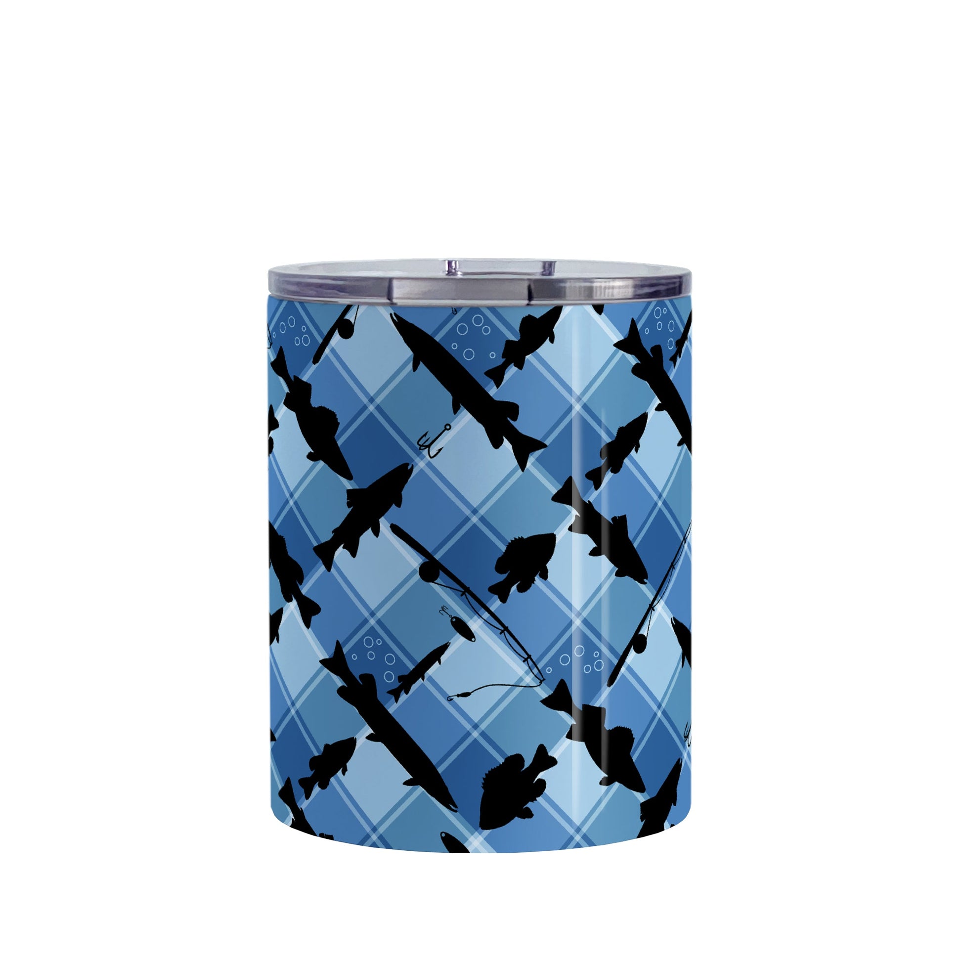 Blue Fishing Plaid Pattern Tumbler Cup (10oz, stainless steel insulated) at Amy's Coffee Mugs. A tumbler cup designed with black silhouettes of fish, fishing poles, and lures diagonally arranged over a blue plaid pattern that wraps around the cup.