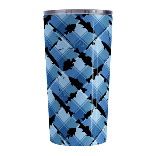 Blue Fishing Plaid Pattern Tumbler Cup (20oz, stainless steel insulated) at Amy's Coffee Mugs. A tumbler cup designed with black silhouettes of fish, fishing poles, and lures diagonally arranged over a blue plaid pattern that wraps around the cup.