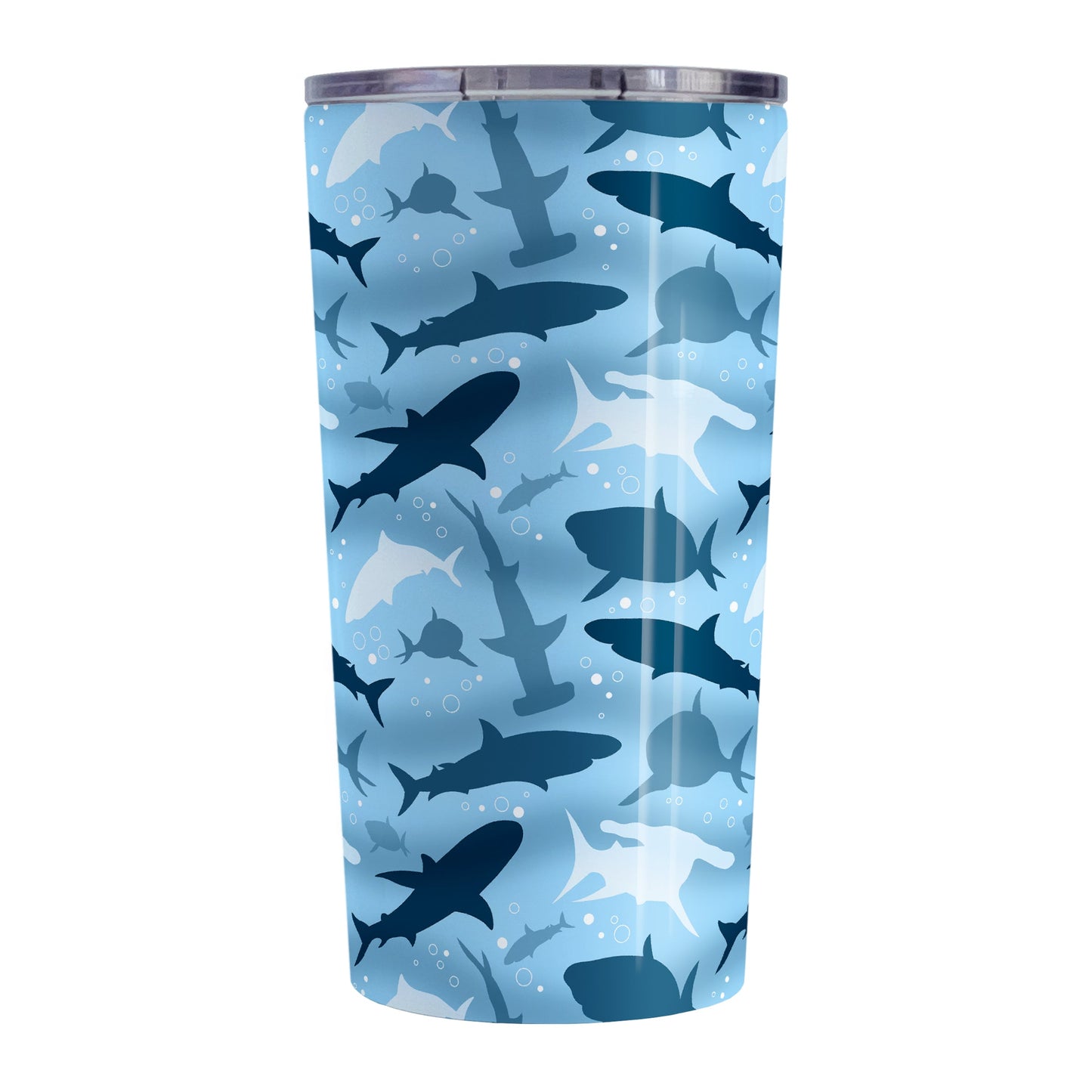Blue Frenzy Sharks Tumbler Cup (20oz) at Amy's Coffee Mugs. A stainless steel insulated tumbler cup designed with a pattern of sharks in different shades of blue, in a frenzy deep beneath the water, that wraps around the cup. Perfect for people who love sharks or are looking for the perfect shark gift.