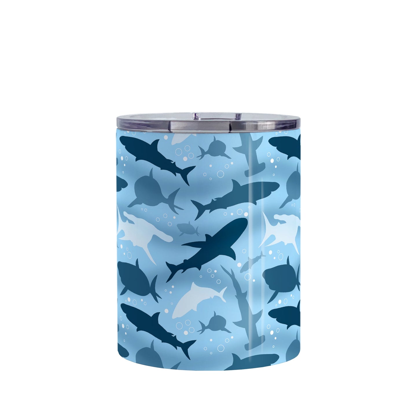 Blue Frenzy Sharks Tumbler Cup (10oz) at Amy's Coffee Mugs. A stainless steel insulated tumbler cup designed with a pattern of sharks in different shades of blue, in a frenzy deep beneath the water, that wraps around the cup. Perfect for people who love sharks or are looking for the perfect shark gift.