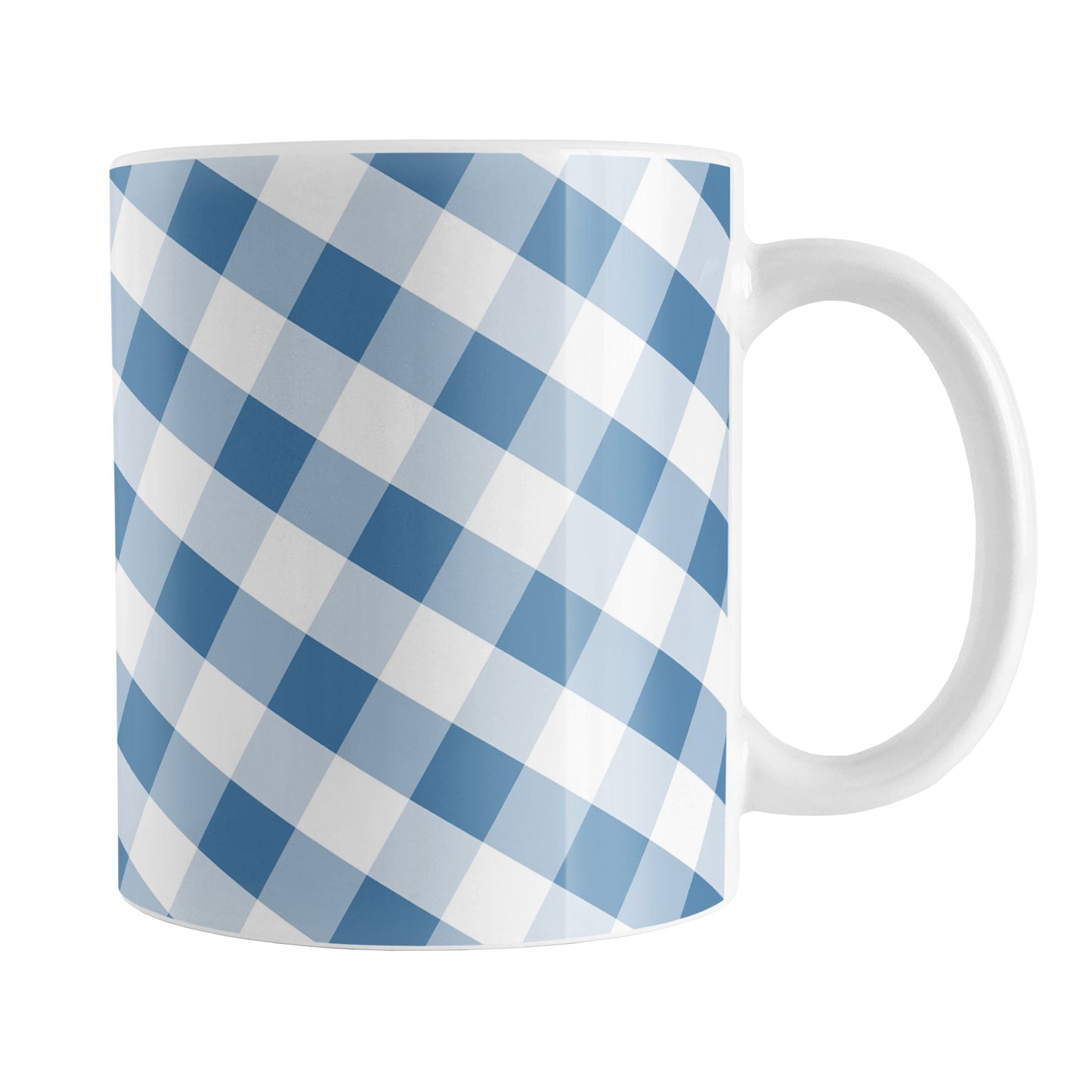 Blue Gingham Mug (11oz) at Amy's Coffee Mugs. A ceramic coffee mug designed with a slanted blue and white gingham pattern that wraps around the mug up to the handle.