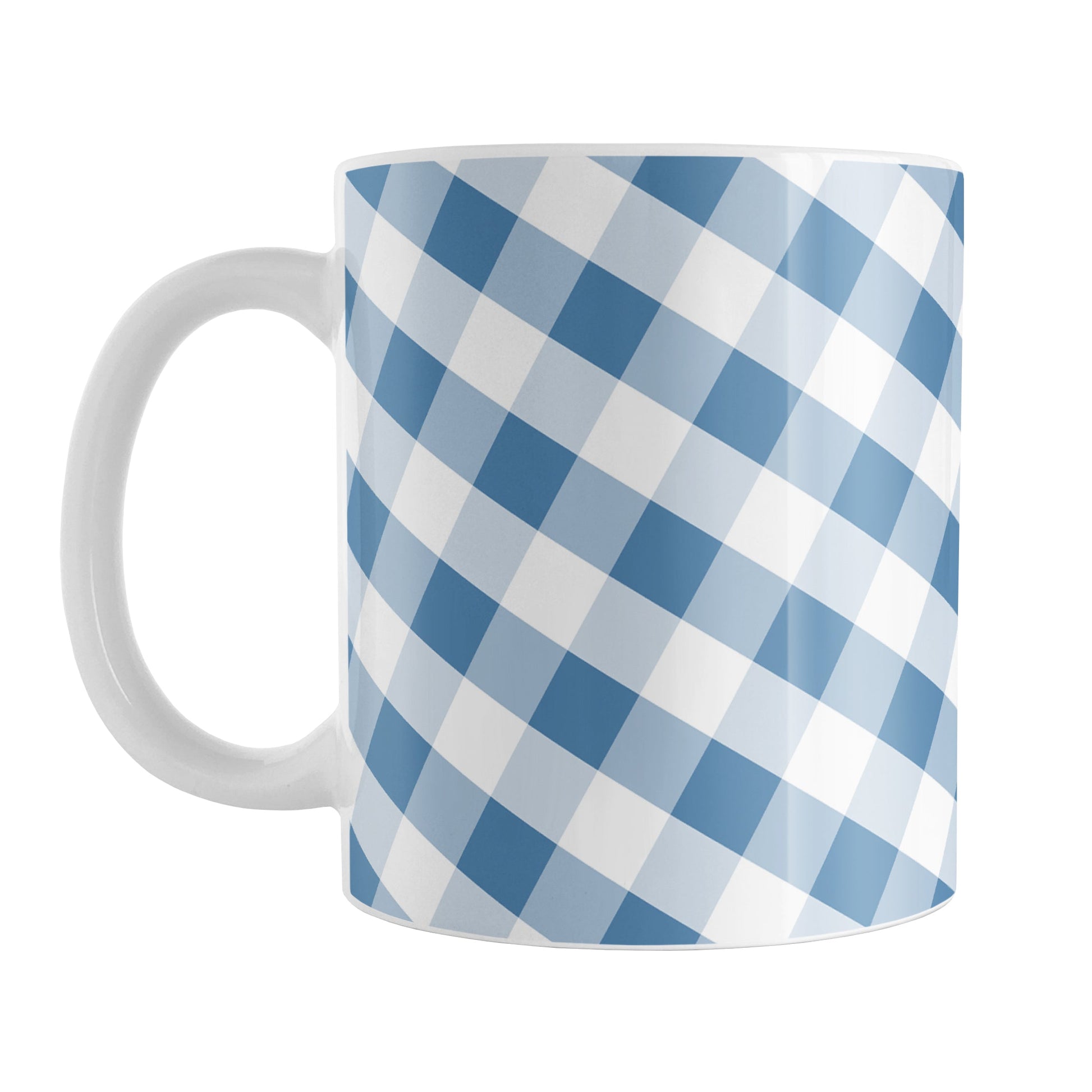 Blue Gingham Mug (11oz) at Amy's Coffee Mugs. A ceramic coffee mug designed with a slanted blue and white gingham pattern that wraps around the mug up to the handle.