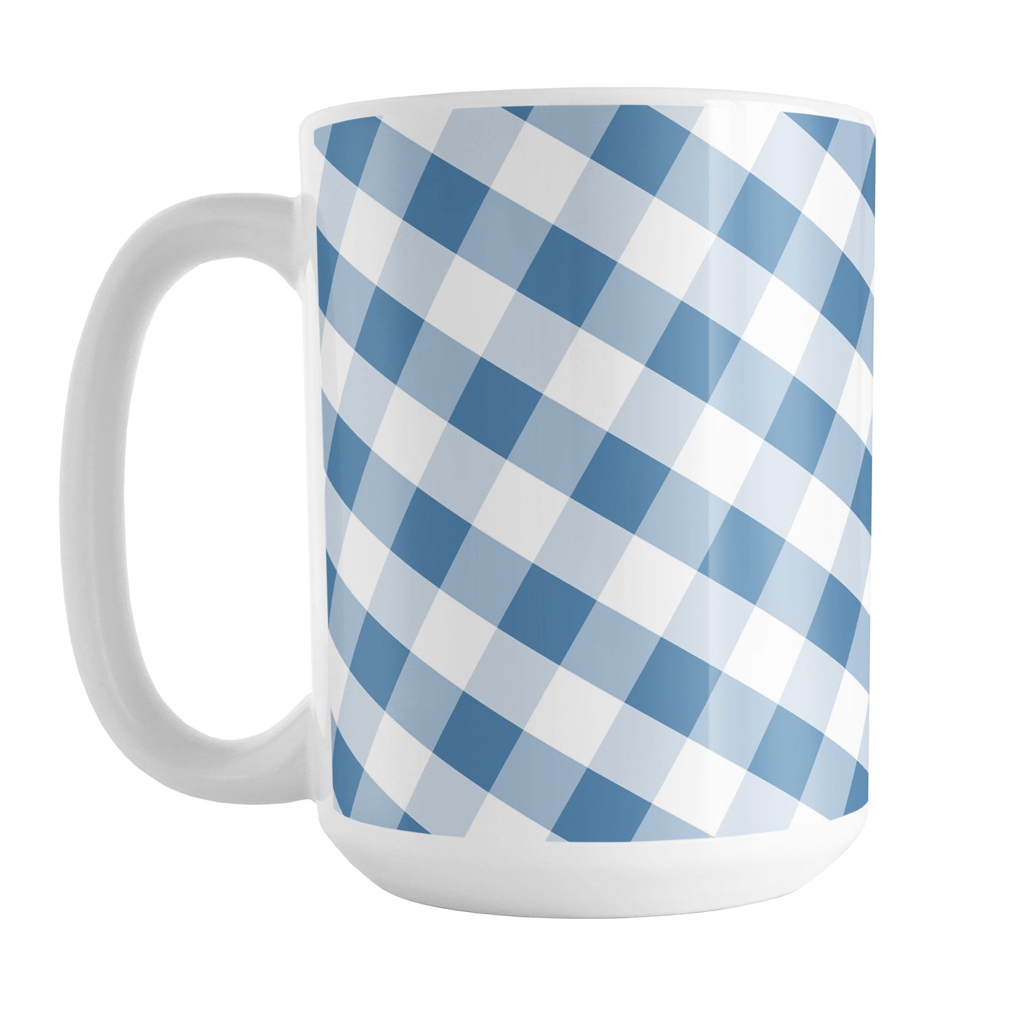 Blue Gingham Mug (15oz) at Amy's Coffee Mugs. A ceramic coffee mug designed with a slanted blue and white gingham pattern that wraps around the mug up to the handle.