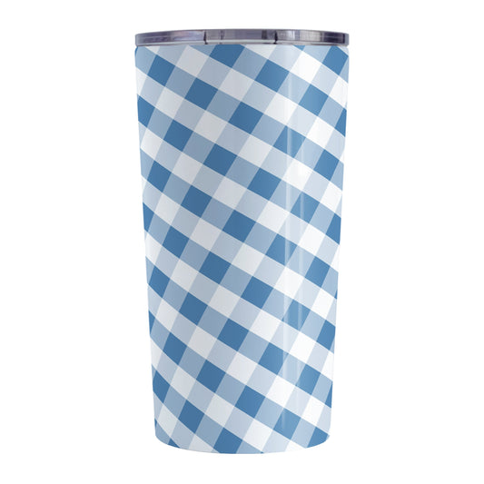 Blue Gingham Tumbler Cup (20oz, stainless steel insulated) at Amy's Coffee Mugs. A tumbler cup designed with a slanted blue and white gingham pattern that wraps around the cup.