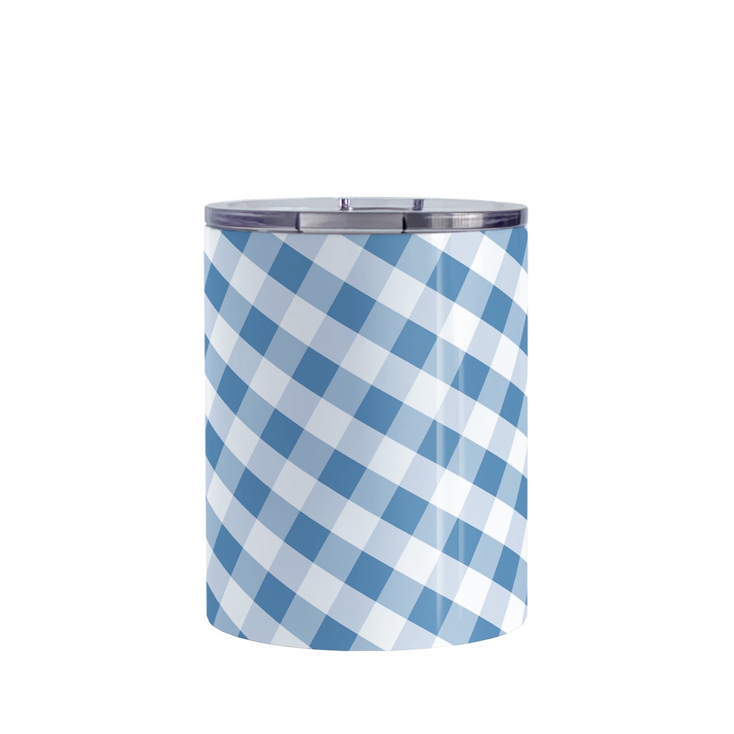 Blue Gingham Tumbler Cup (10oz, stainless steel insulated) at Amy's Coffee Mugs. A tumbler cup designed with a slanted blue and white gingham pattern that wraps around the cup.