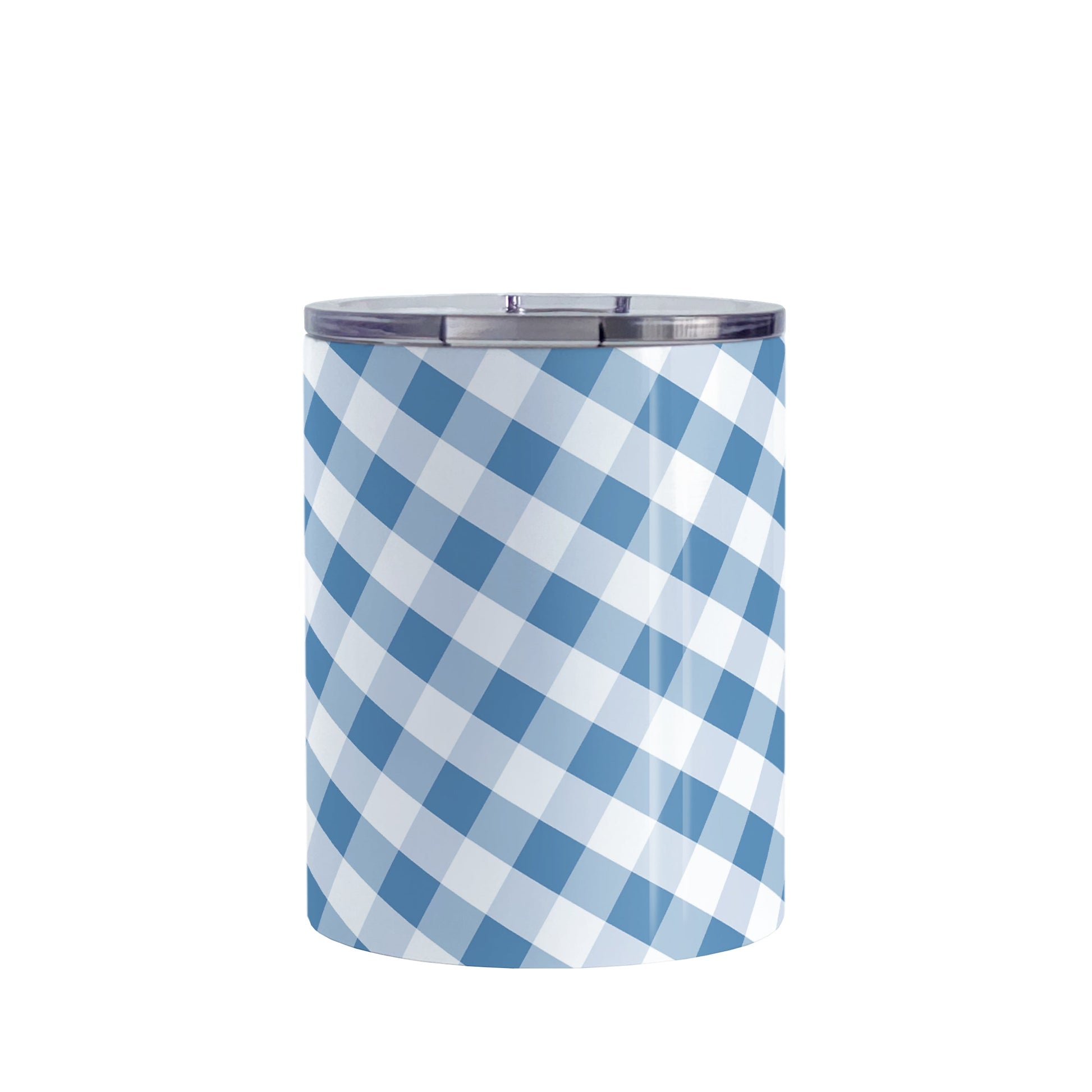 Blue Gingham Tumbler Cup (10oz, stainless steel insulated) at Amy's Coffee Mugs. A tumbler cup designed with a slanted blue and white gingham pattern that wraps around the cup.