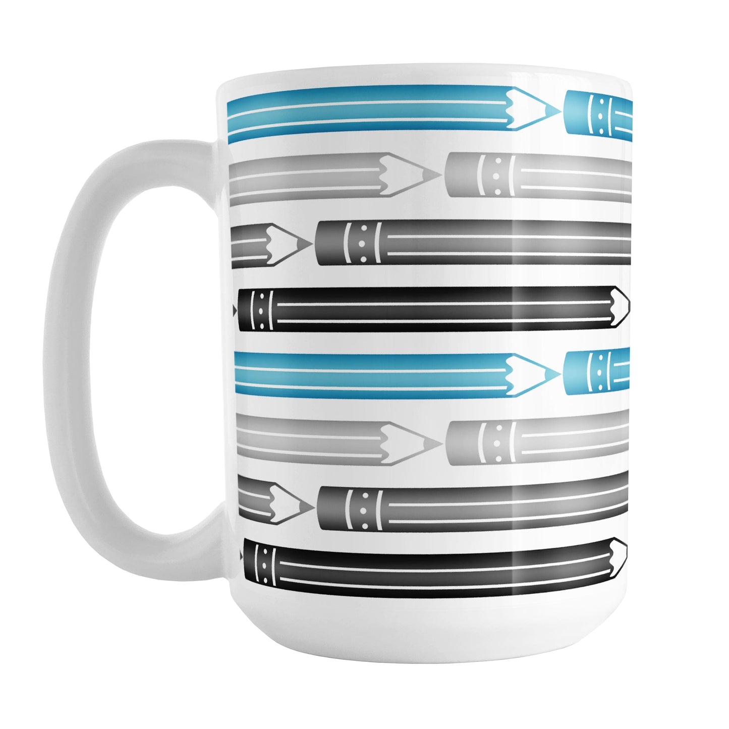 Blue Gray Black Pencils Pattern Mug (15oz) at Amy's Coffee Mugs. A ceramic coffee mug designed with horizontal pencils in blue, gray, and black, stacked in a pattern that wraps around the mug to the handle.