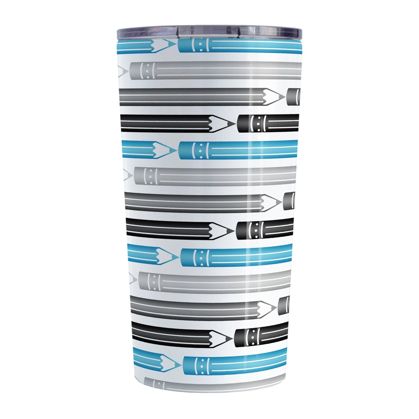Blue Gray Black Pencils Pattern Tumbler Cup (20oz) at Amy's Coffee Mugs. A stainless steel tumbler cup designed with horizontal pencils in blue, gray, and black, stacked in a pattern that wraps around the cup.
