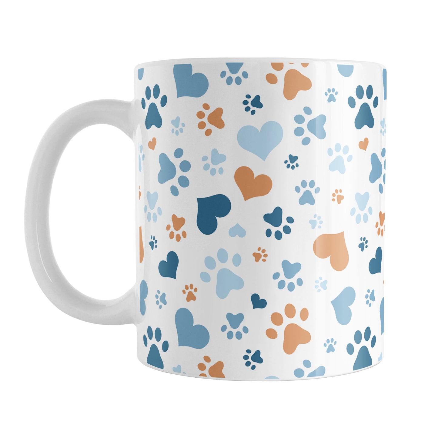 Blue Hearts and Paw Prints Mug (11oz) at Amy's Coffee Mugs. A ceramic coffee mug designed with a pattern of hearts and paw prints in orange and different shades of blue that wraps around the mug to the handle. This mug is perfect for people love dogs and cute paw print designs.