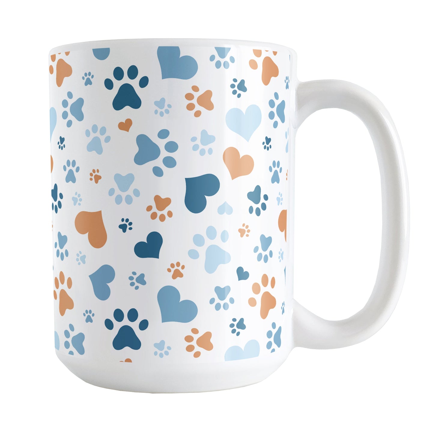 Blue Hearts and Paw Prints Mug (15oz) at Amy's Coffee Mugs. A ceramic coffee mug designed with a pattern of hearts and paw prints in orange and different shades of blue that wraps around the mug to the handle. This mug is perfect for people love dogs and cute paw print designs.