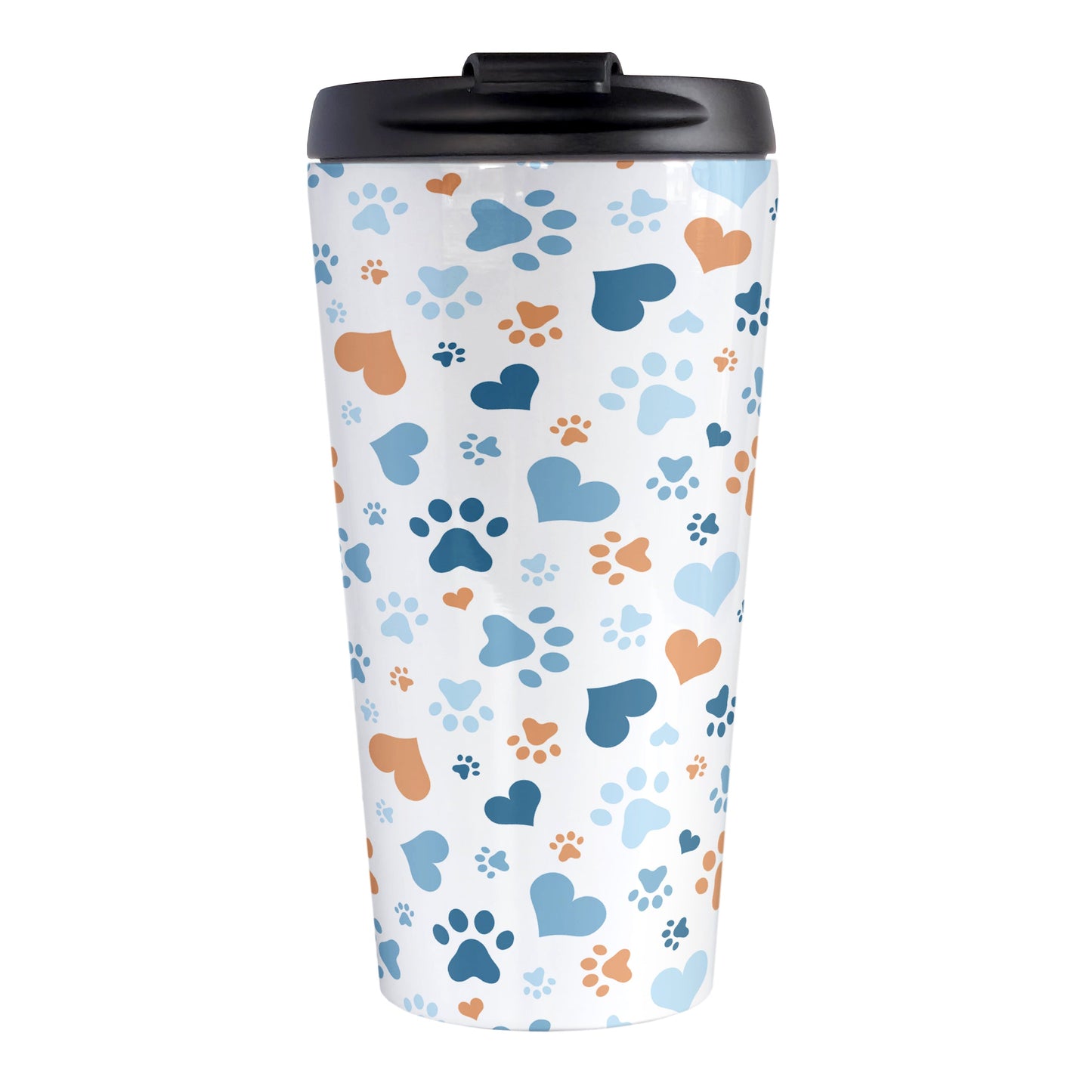 Blue Hearts and Paw Prints Travel Mug (15oz) at Amy's Coffee Mugs. A stainless steel travel mug designed with a pattern of hearts and paw prints in orange and different shades of blue that wraps around the mug. This travel mug is perfect for people love dogs and cute paw print designs.