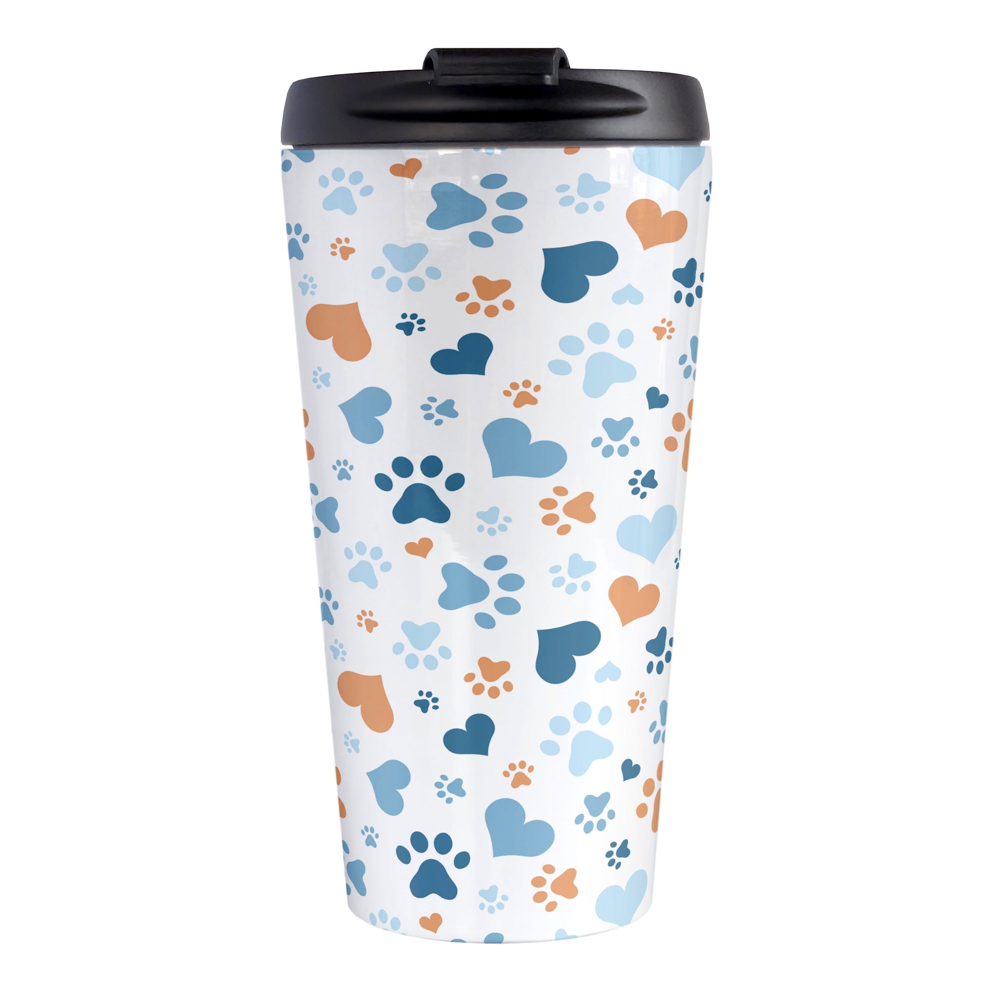 Blue Hearts and Paw Prints Travel Mug (15oz) at Amy's Coffee Mugs. A stainless steel travel mug designed with a pattern of hearts and paw prints in orange and different shades of blue that wraps around the mug. This travel mug is perfect for people love dogs and cute paw print designs.