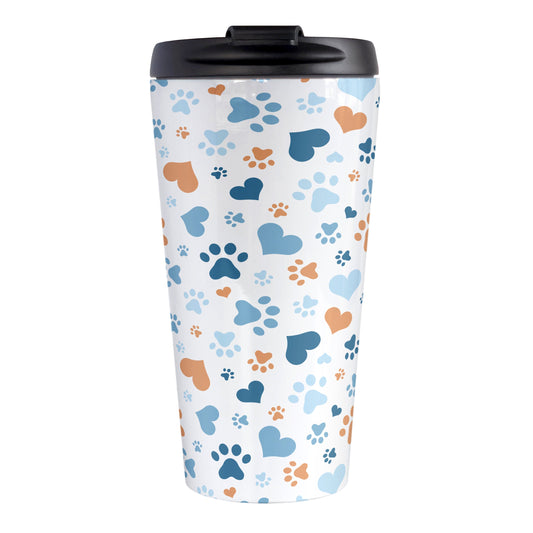 Blue Hearts and Paw Prints Travel Mug (15oz) at Amy's Coffee Mugs. A stainless steel travel mug designed with a pattern of hearts and paw prints in orange and different shades of blue that wraps around the mug. This travel mug is perfect for people love dogs and cute paw print designs.