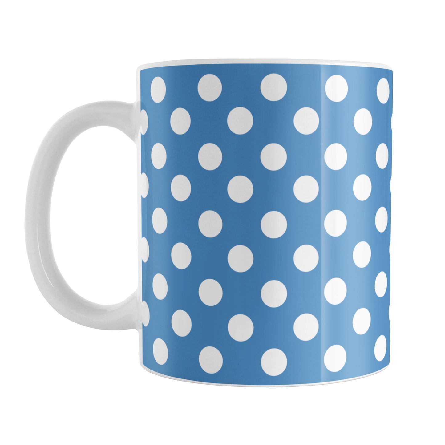Blue Polka Dot Mug (11oz) at Amy's Coffee Mugs. A ceramic coffee mug designed with a pattern of white polka dots over a blue background color that wraps around the mug up to the handle.