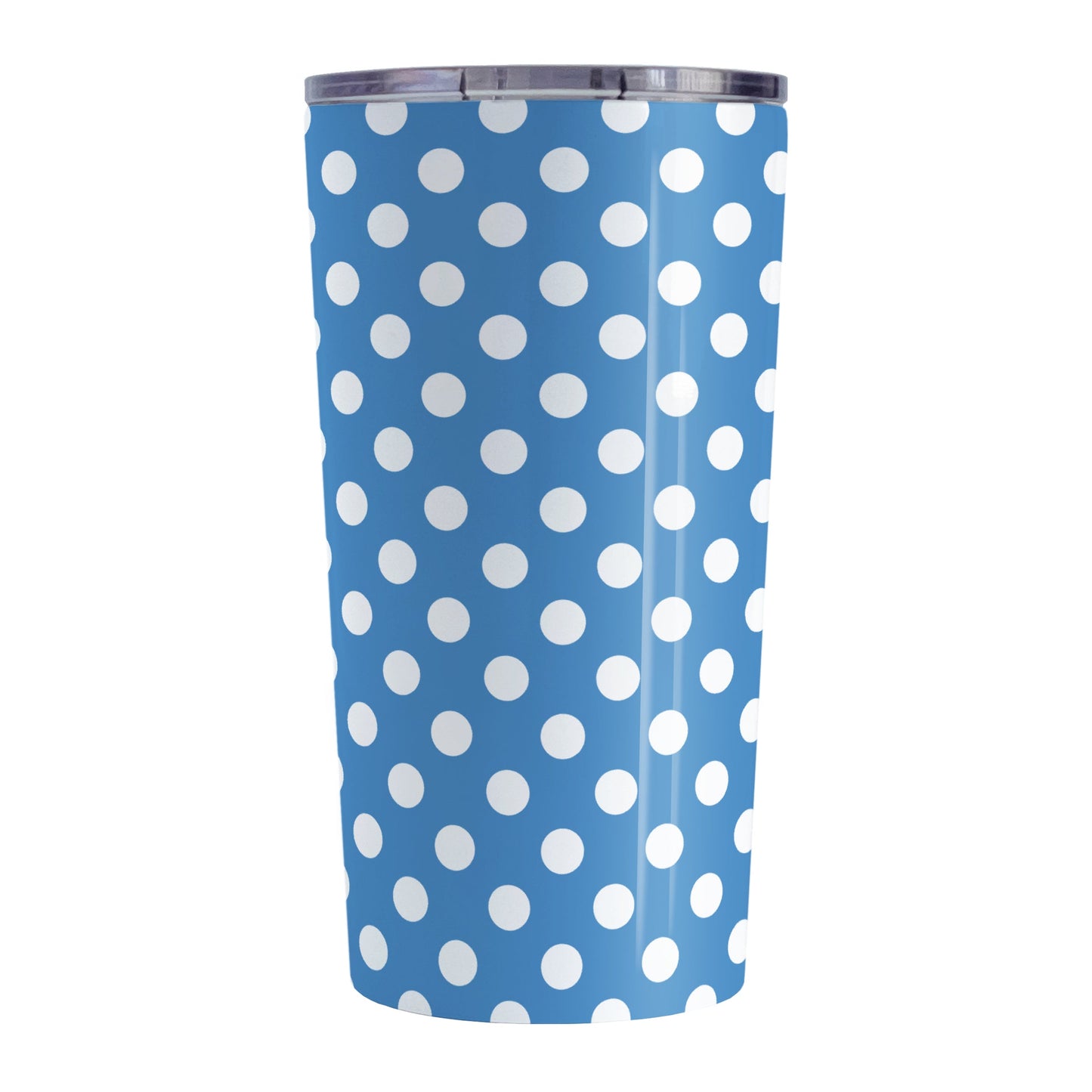 Blue Polka Dot Tumbler Cup (20oz, stainless steel insulated) at Amy's Coffee Mugs. A cup designed with a pattern of white polka dots over a blue background color that wraps around the cup.