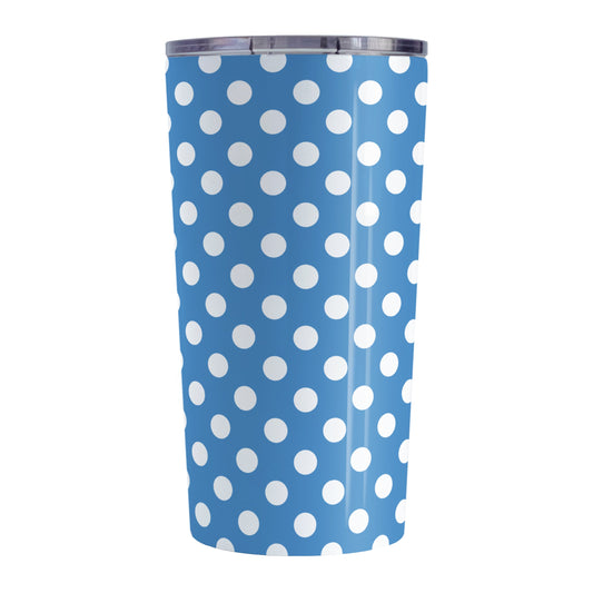 Blue Polka Dot Tumbler Cup (20oz, stainless steel insulated) at Amy's Coffee Mugs. A cup designed with a pattern of white polka dots over a blue background color that wraps around the cup.