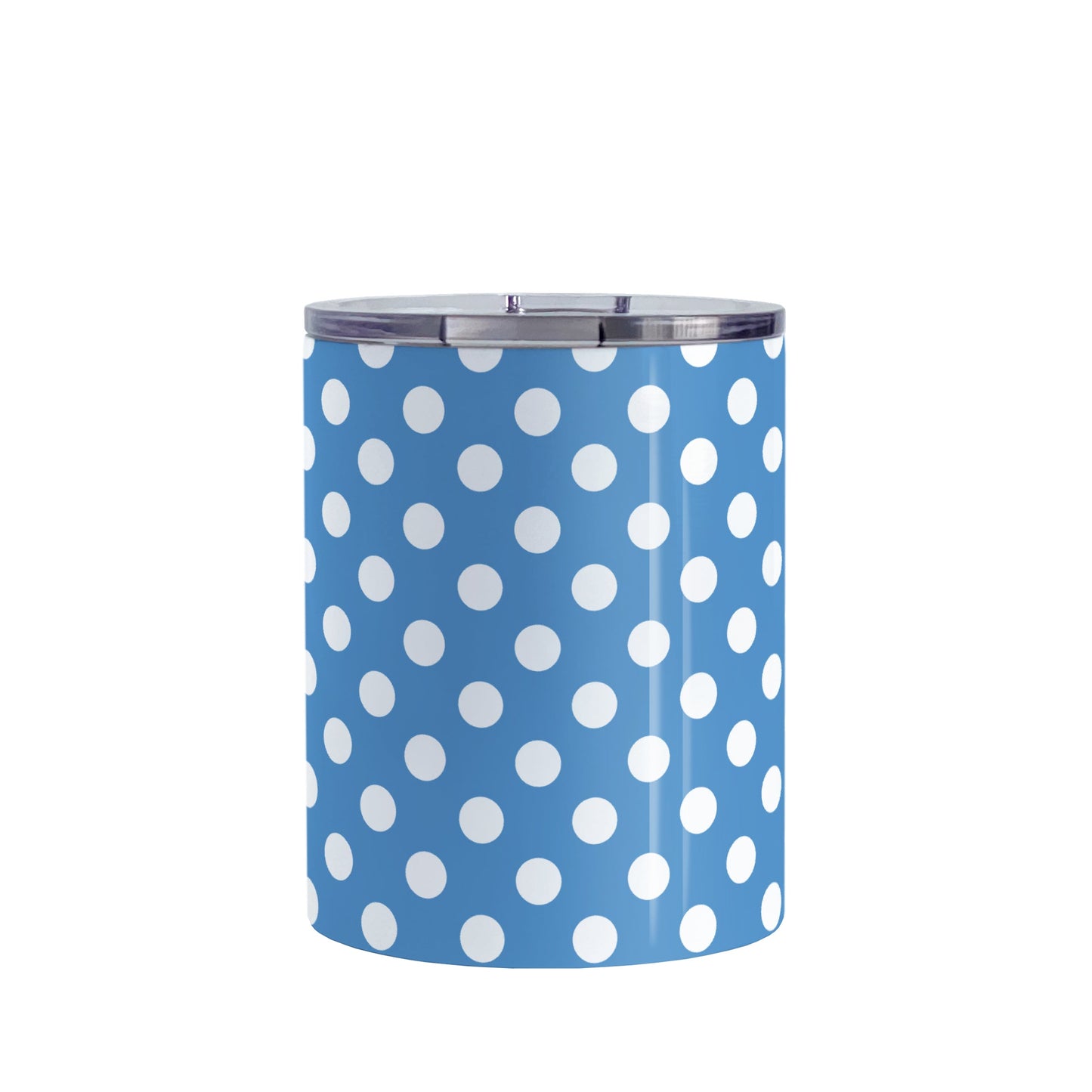 Blue Polka Dot Tumbler Cup (10oz, stainless steel insulated) at Amy's Coffee Mugs. A cup designed with a pattern of white polka dots over a blue background color that wraps around the cup.
