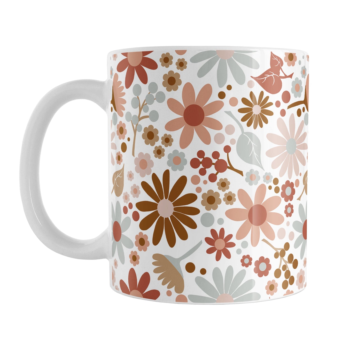 Boho Summer Flowers Mug (11oz) at Amy's Coffee Mugs. A ceramic coffee mug designed with flowers and leaves in soothing desert boho colors in a pretty floral pattern that wraps around the mug up to the handle.