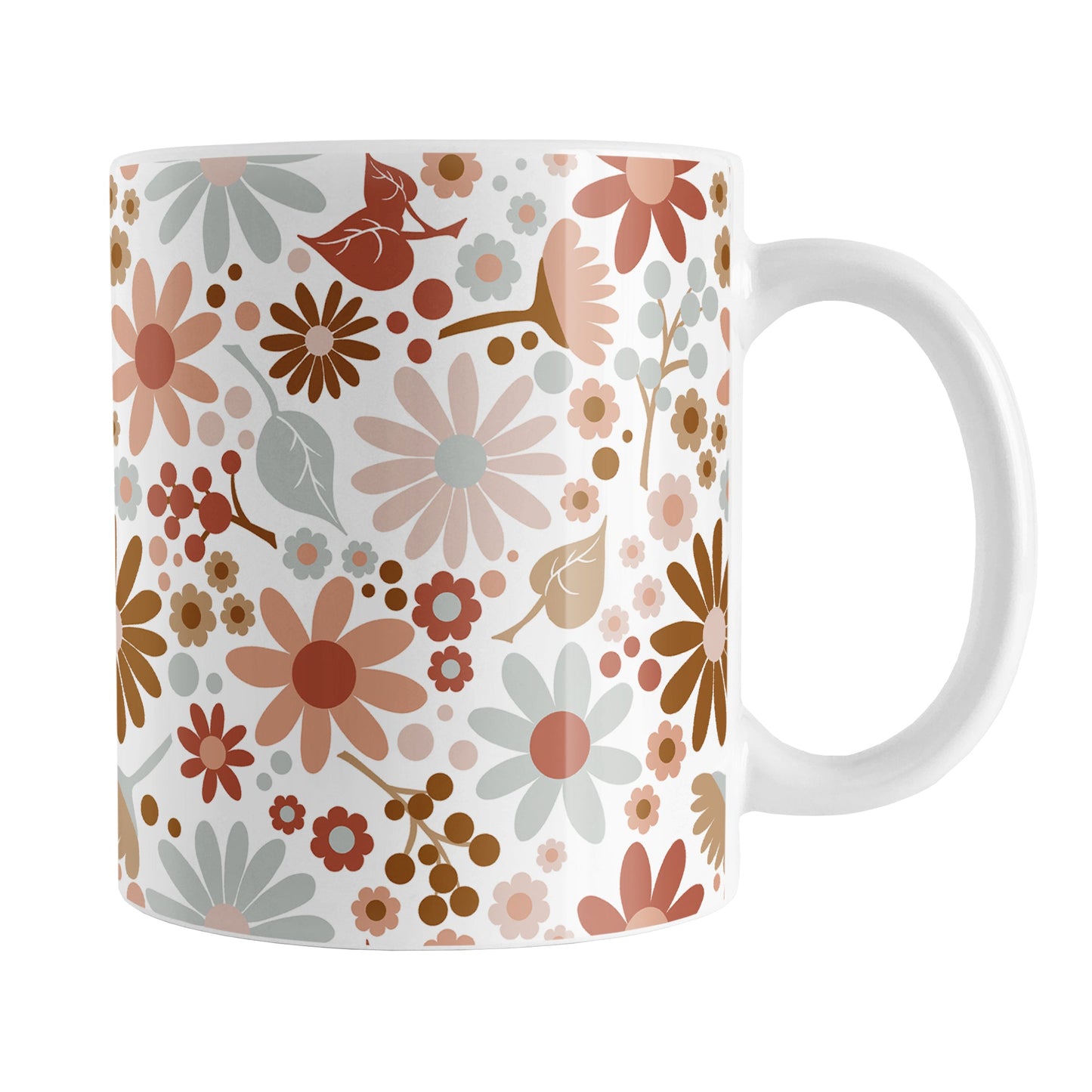 Boho Summer Flowers Mug (11oz) at Amy's Coffee Mugs. A ceramic coffee mug designed with flowers and leaves in soothing desert boho colors in a pretty floral pattern that wraps around the mug up to the handle.