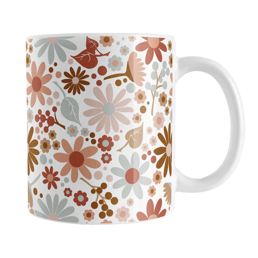 Boho Summer Flowers Mug (11oz) at Amy's Coffee Mugs. A ceramic coffee mug designed with flowers and leaves in soothing desert boho colors in a pretty floral pattern that wraps around the mug up to the handle.