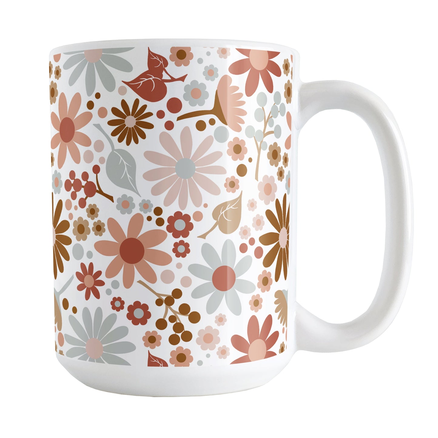 Boho Summer Flowers Mug (15oz) at Amy's Coffee Mugs. A ceramic coffee mug designed with flowers and leaves in soothing desert boho colors in a pretty floral pattern that wraps around the mug up to the handle.