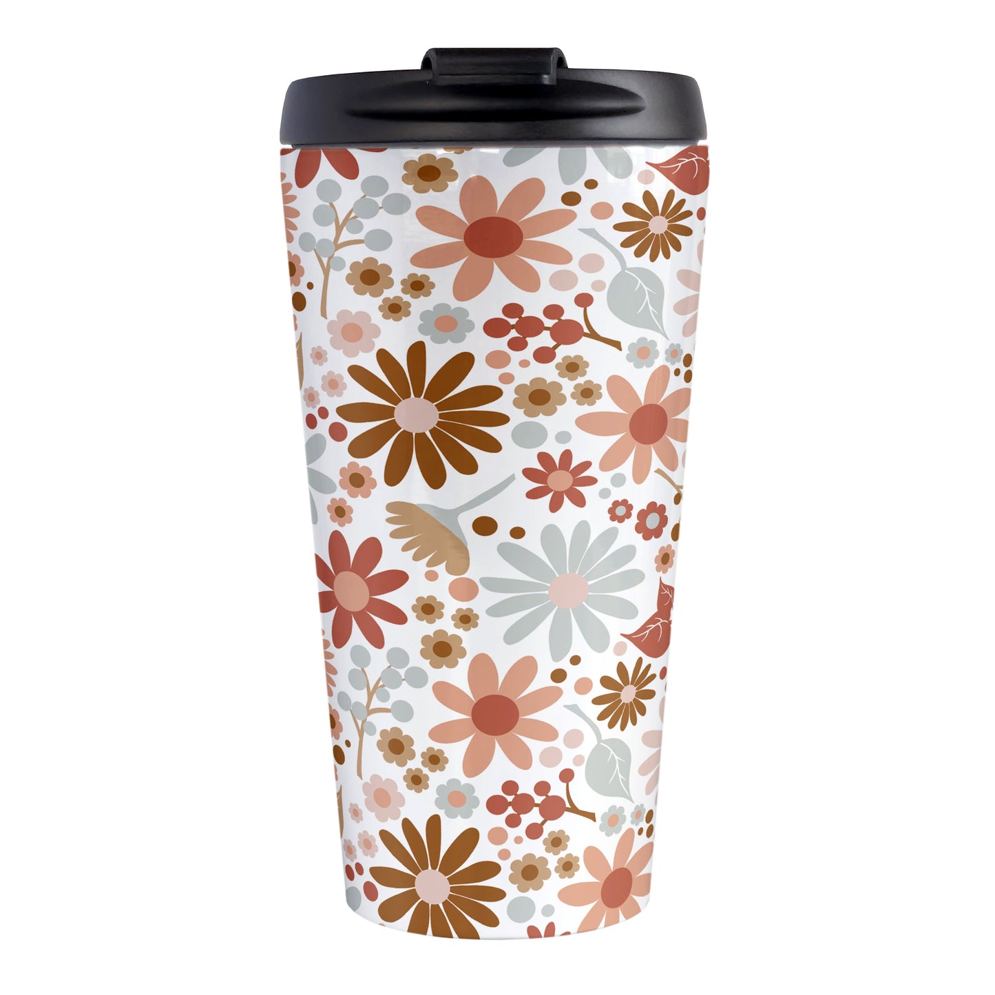 Boho Summer Flowers Travel Mug (15oz, stainless steel insulated) at Amy's Coffee Mugs. A travel mug designed with flowers and leaves in soothing desert boho colors in a pretty floral pattern that wraps around the travel mug.