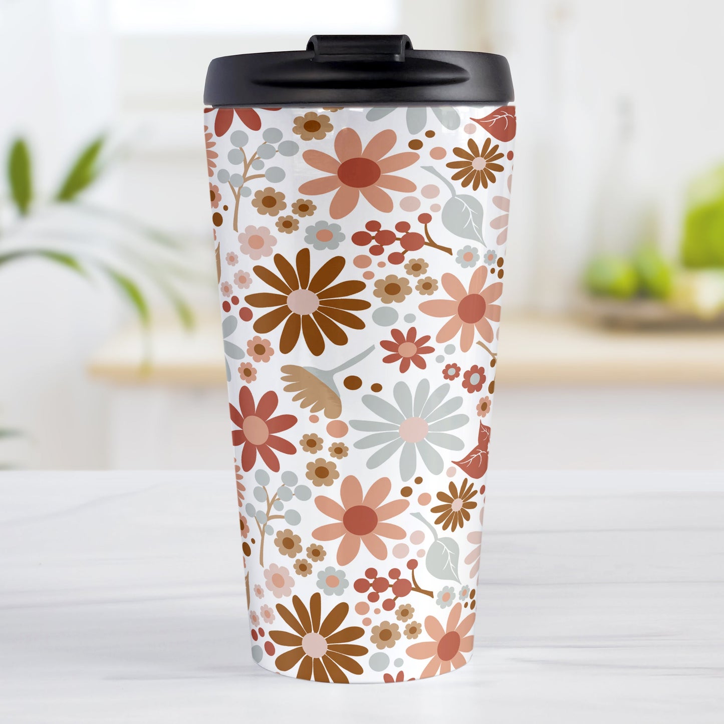 Boho Summer Flowers Travel Mug (15oz, stainless steel insulated) at Amy's Coffee Mugs. A travel mug designed with flowers and leaves in soothing desert boho colors in a pretty floral pattern that wraps around the travel mug.