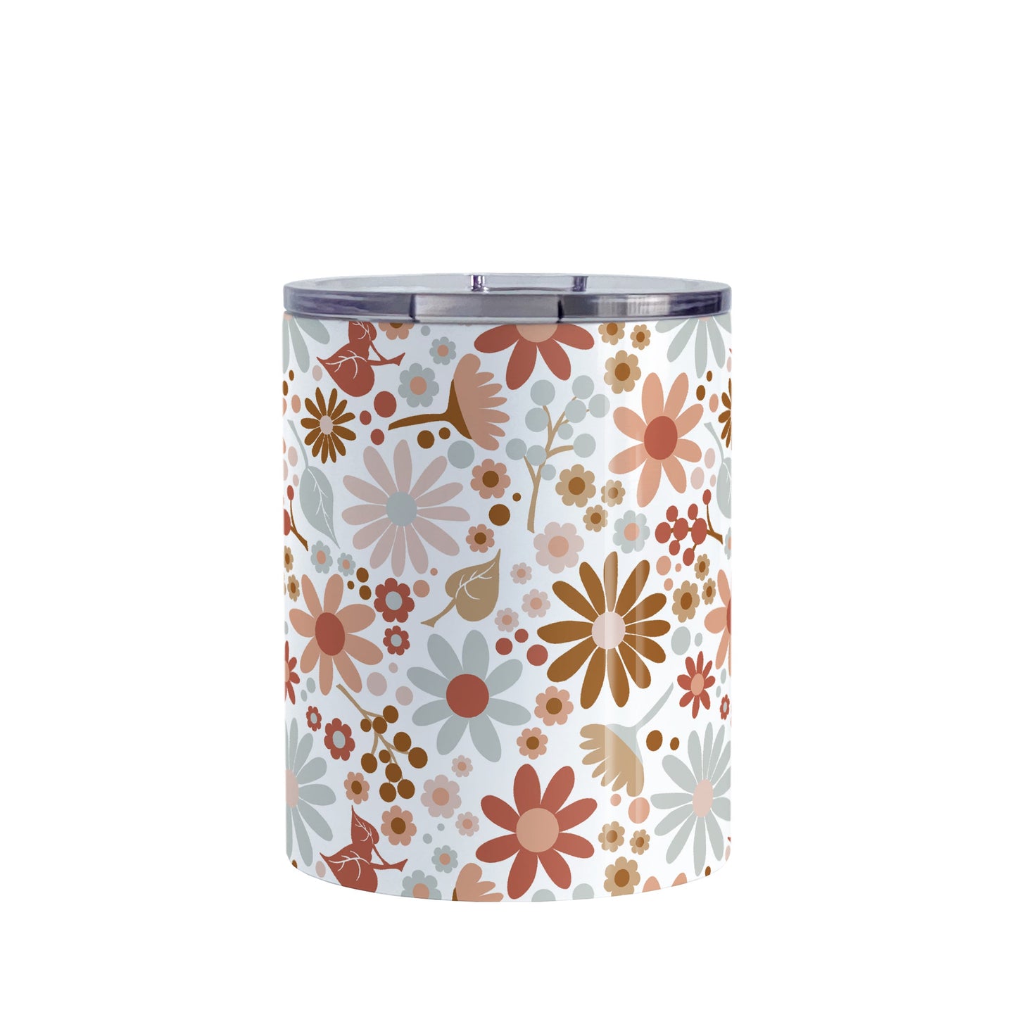 Boho Summer Flowers Tumbler Cup (10oz, stainless steel insulated) at Amy's Coffee Mugs. A tumbler cup designed with flowers and leaves in soothing desert boho colors in a pretty floral pattern that wraps around the cup.