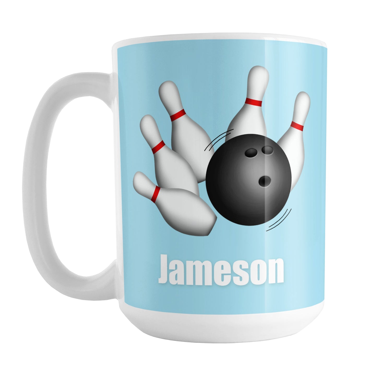 Bowling Ball and Pins Blue - Personalized Bowling Mug (15oz) at Amy's Coffee Mugs. A ceramic coffee mug designed with an illustration of a bowling ball striking bowling pins on both sides of the mug over light blue background color that wraps around the mug up to the handle. Your personalized name is custom printed in white below the bowling ball and pins.