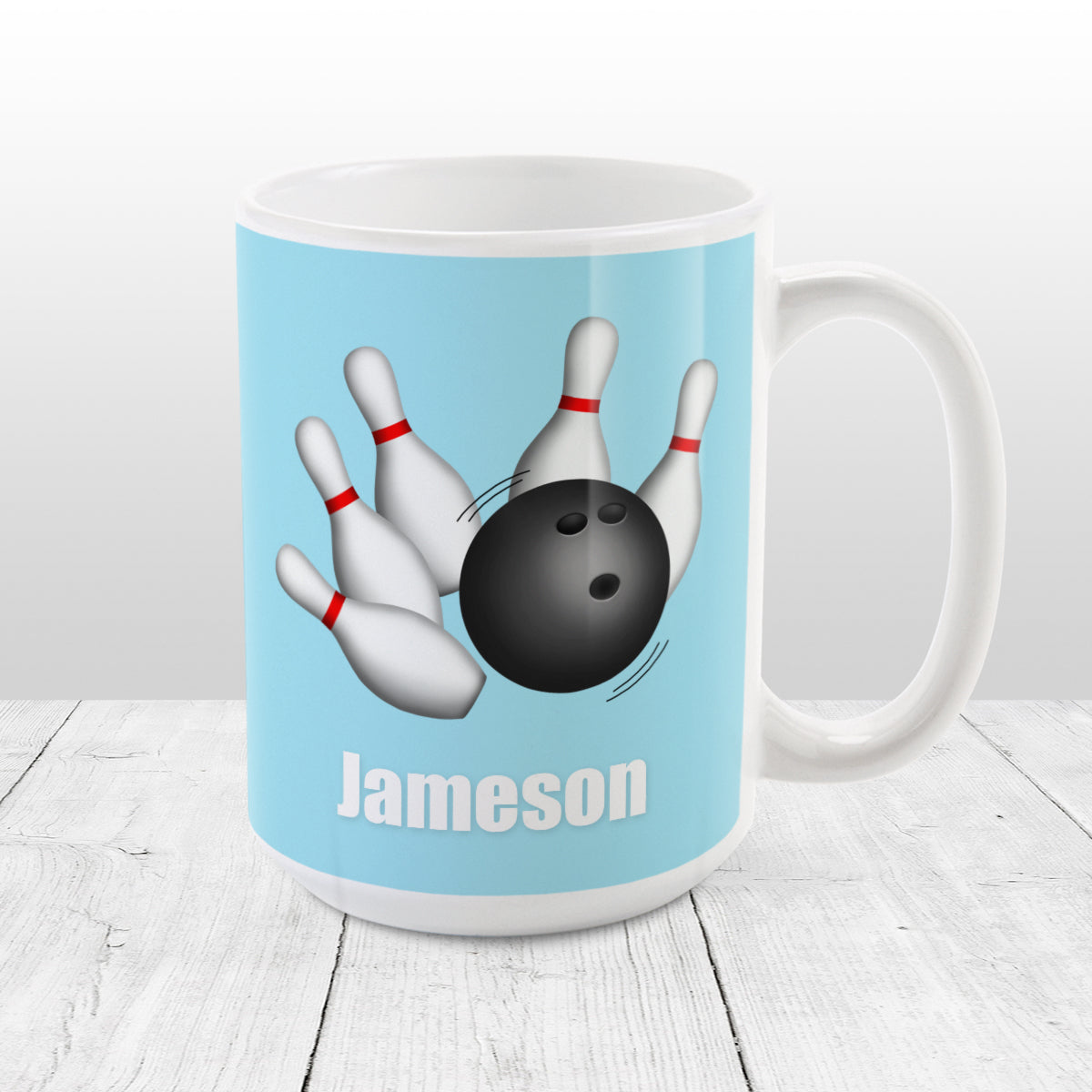 Bowling Ball and Pins Blue - Personalized Bowling Mug (15oz) at Amy's Coffee Mugs