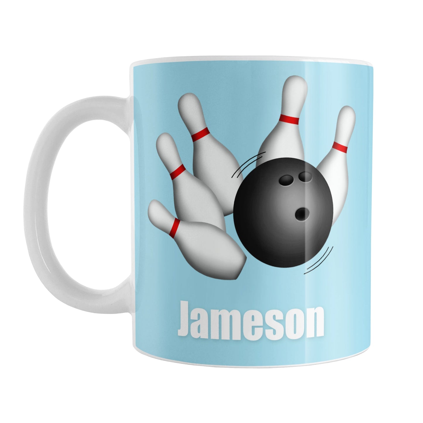 Bowling Ball and Pins Blue - Personalized Bowling Mug (11oz) at Amy's Coffee Mugs. A ceramic coffee mug designed with an illustration of a bowling ball striking bowling pins on both sides of the mug over light blue background color that wraps around the mug up to the handle. Your personalized name is custom printed in white below the bowling ball and pins.