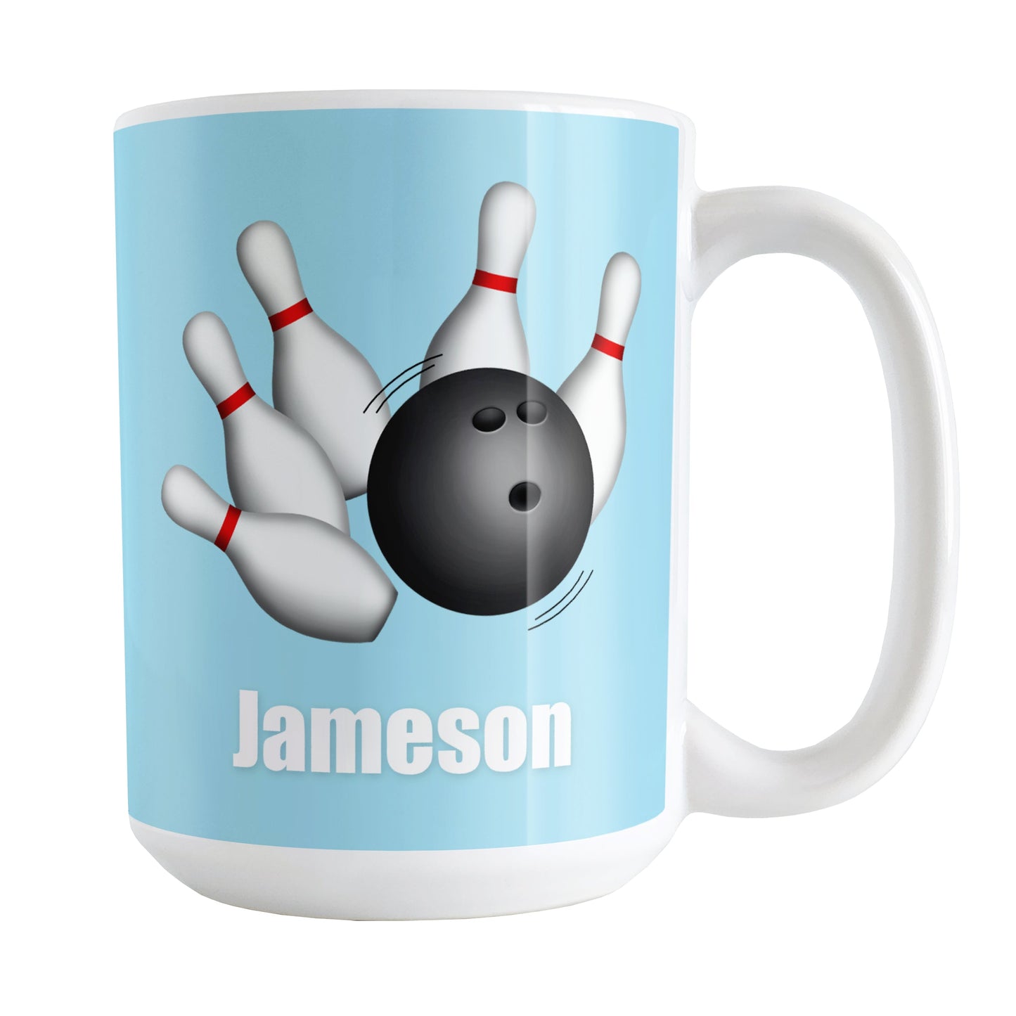 Bowling Ball and Pins Blue - Personalized Bowling Mug (15oz) at Amy's Coffee Mugs. A ceramic coffee mug designed with an illustration of a bowling ball striking bowling pins on both sides of the mug over light blue background color that wraps around the mug up to the handle. Your personalized name is custom printed in white below the bowling ball and pins.