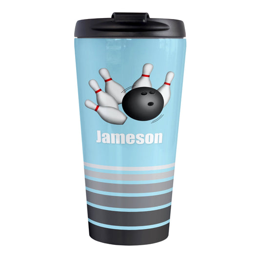 Bowling Ball and Pins Blue - Personalized Bowling Travel Mug (15oz, stainless steel insulated) at Amy's Coffee Mugs. A travel mug designed with an illustration of a bowling ball striking bowling pins over a light blue background color that wraps around the travel mug. Along the bottom of the mug are gray stripes in varying shades creating a dynamic look. Your custom name is printed in white below the bowling ball and pins.