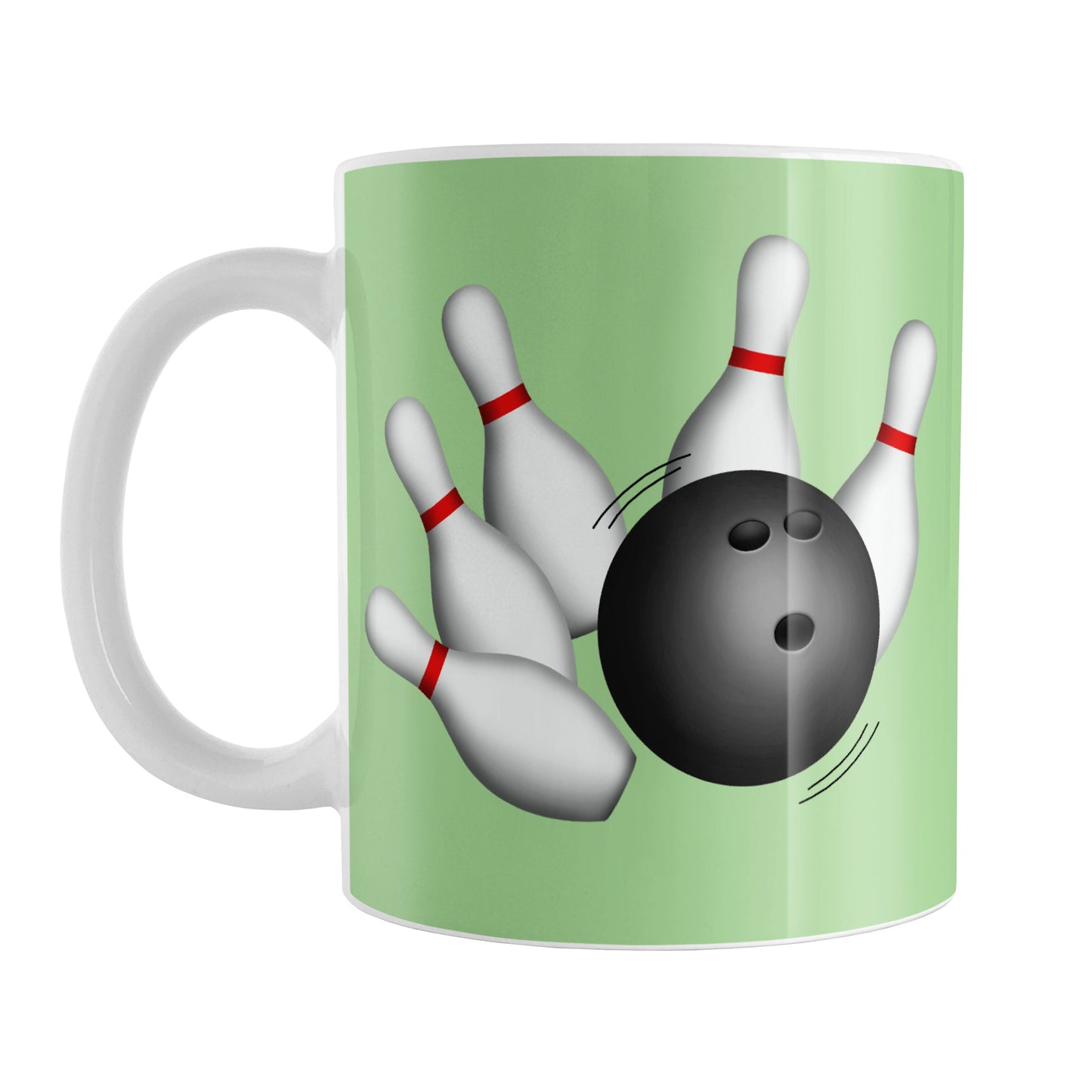 Bowling Ball and Pins Green Bowling Mug (11oz) at Amy's Coffee Mugs. A ceramic coffee mug designed with an illustration of a bowling ball striking bowling pins on both sides of the mug over a green background color that wraps around the mug up to the handle.
