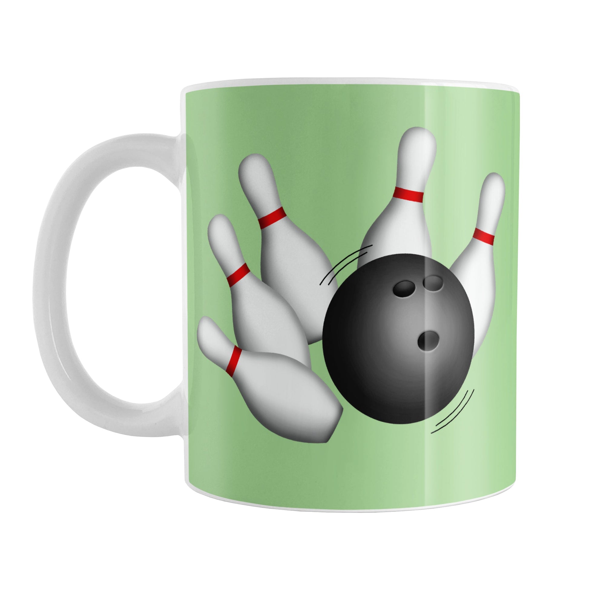 Bowling Ball and Pins Green Bowling Mug (11oz) at Amy's Coffee Mugs. A ceramic coffee mug designed with an illustration of a bowling ball striking bowling pins on both sides of the mug over a green background color that wraps around the mug up to the handle.