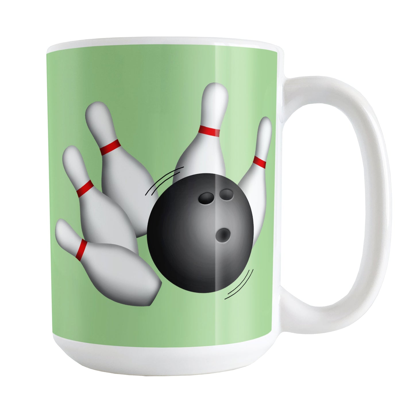 Bowling Ball and Pins Green Bowling Mug (15oz) at Amy's Coffee Mugs. A ceramic coffee mug designed with an illustration of a bowling ball striking bowling pins on both sides of the mug over a green background color that wraps around the mug up to the handle.