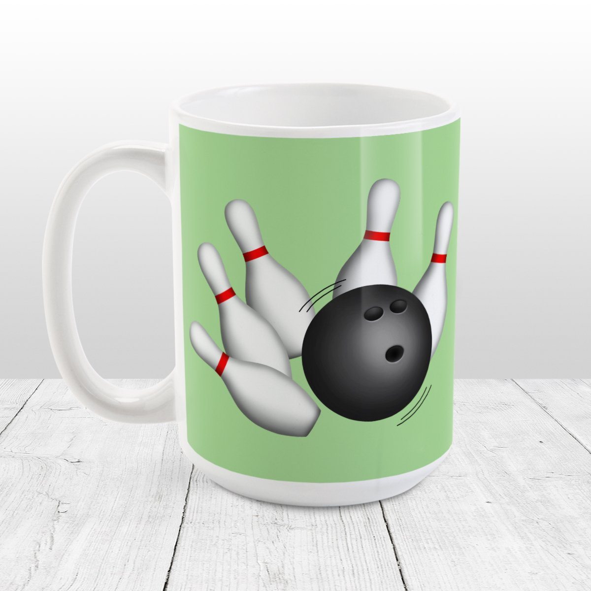 Bowling Ball and Pins Green Bowling Mug at Amy's Coffee Mugs