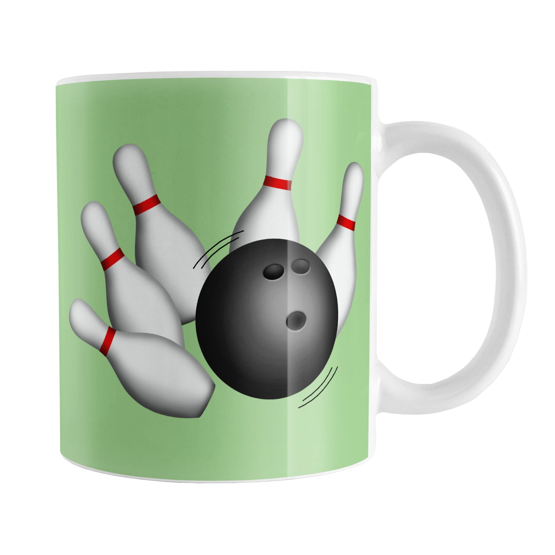 Bowling Ball and Pins Green Bowling Mug (11oz) at Amy's Coffee Mugs. A ceramic coffee mug designed with an illustration of a bowling ball striking bowling pins on both sides of the mug over a green background color that wraps around the mug up to the handle.