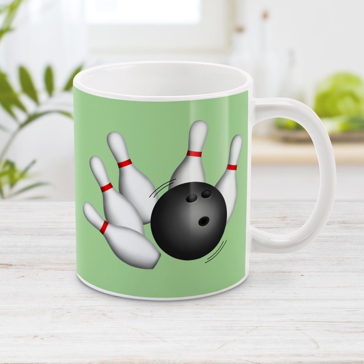 Green Bowling Mug - Bowling Ball and Pins Green Bowling Mug at Amy's Coffee Mugs