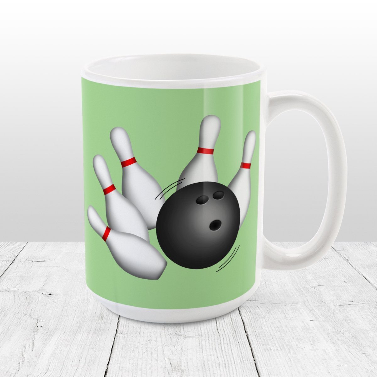 Bowling Ball and Pins Green Bowling Mug at Amy's Coffee Mugs